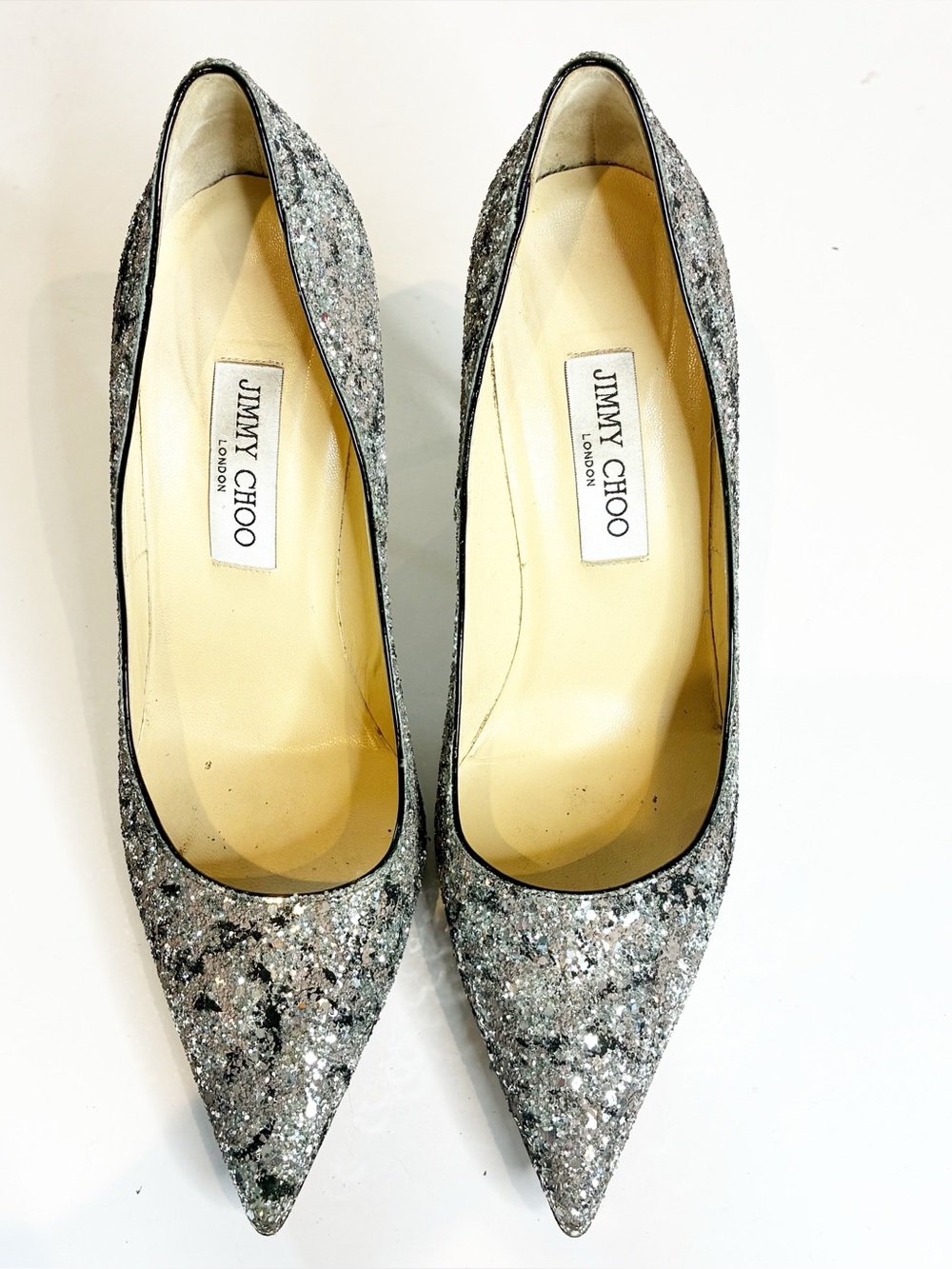 Jimmy Choo | Metalic Silver Coarse Glitter Romy Pointed Toe Pumps